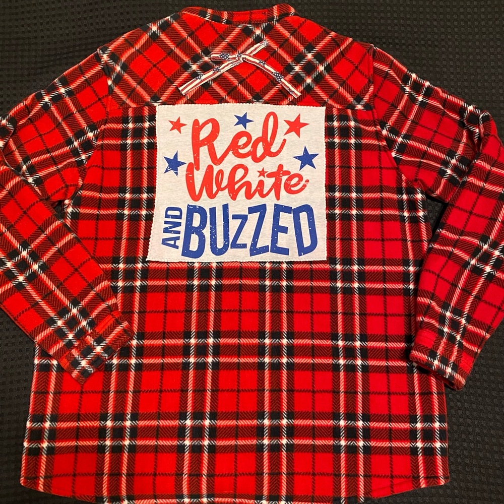 One of a Kind- Patriotic Flannel jacket “red white and buzzed”